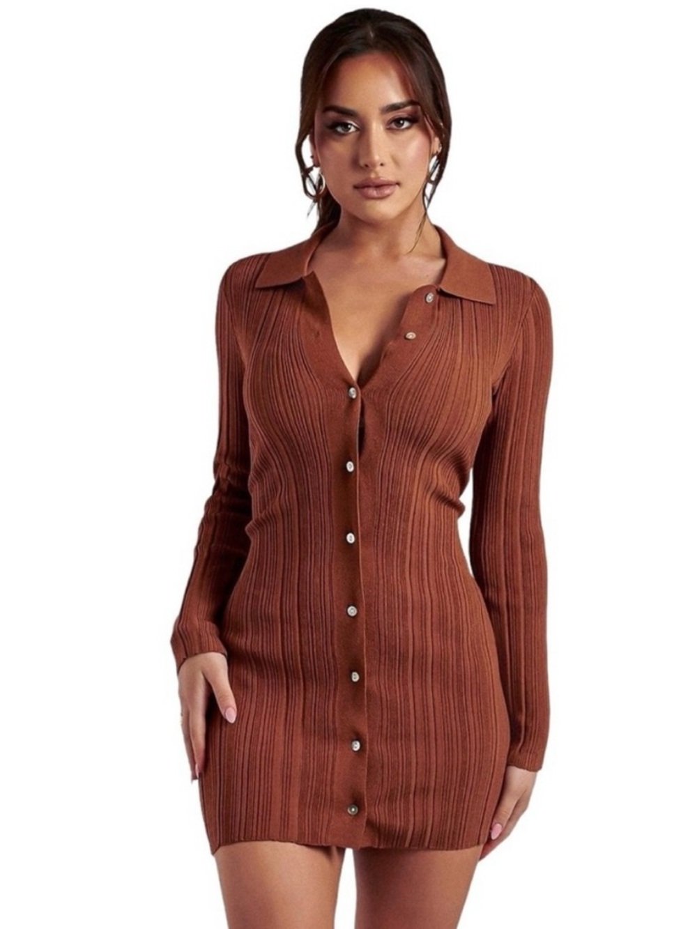 Meshki Brandi Ribbed Knit Button Down Mini Dress Toffee Brown Bodycon Size S